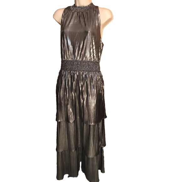NWT Addison Evening Silver Metallic Dress Size 14 High Neck Glamour Maxi Formal - Picture 1 of 15